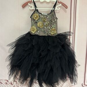 petite Adele girls Size 4 Black Tutu Rhinestone Beaded Embellish Dress High-low